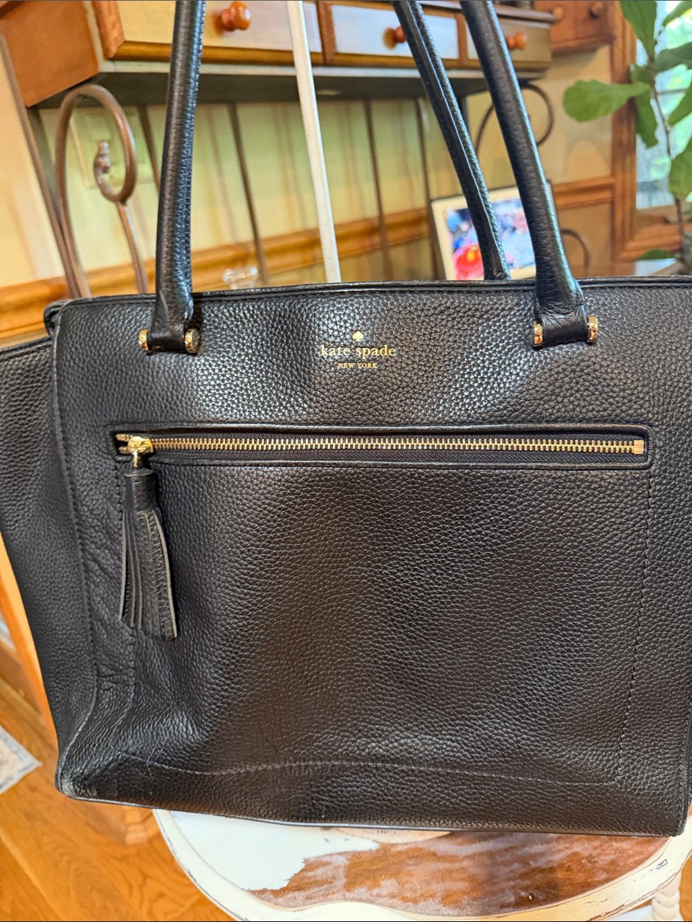 kate spade Black Pebbled Leather Tote with Front Zip Tassel